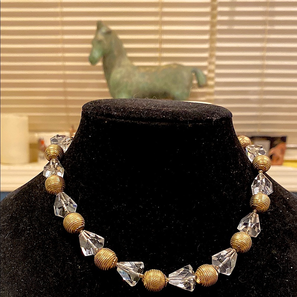 Dramatic Gold and Clear Glass Crystal Beaded Necklace. Chunky 1950’s